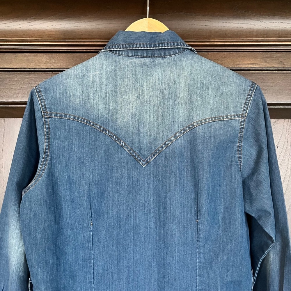WRANGLER Denim Dress Womens S Pearl Snaps Western Cowgirl Rodeo Season No Belt - Picture 6 of 9